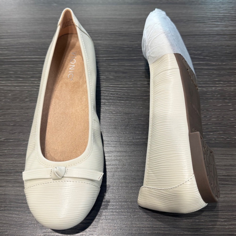 Vionic Amorie Women 8.5 Cream Ribbed Bow Ballet Flats Orthotic Support Shoes